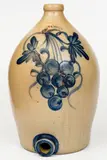 Cowden & Wilcox, Monumental 5 Gal. COWDEN & WILCOX / HARRISBURG, PA Stoneware Jug Cooler w/ Large Grapes Motif