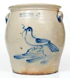 Scarce COWDEN & WILCOX / HARRISBURG, PA Four-Gallon Stoneware Jar w/ Bird-with-Worm Decoration by Cowden & Wilcox, circa 1865, Stoneware, sold Apr 2021