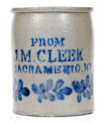 From, Rare FROM / J.M. CLEEK / SACRAMENTO, KY Stoneware Jar, James Miller, Brandenburg, Kentucky, circa 1860, Stoneware