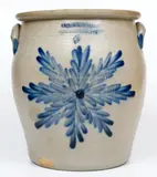 Outstanding COWDEN & WILCOX / HARRISBURG, PA Four-Gallon Stoneware Jar w/ Foliate Star Decoration by Cowden & Wilcox, circa 1865, Stoneware, sold Apr 2021