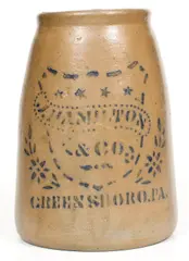 J. HAMILTON & CO. / GREENSBORO, PA Stoneware Canning Jar w/ Shield and Stars Decoration by J. Hamilton & Co., circa 1875, Stoneware, sold Apr 2021