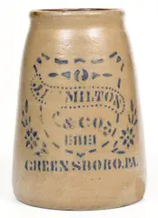J. HAMILTON & CO. / GREENSBORO, PA Stoneware Canning Jar with Shield Decoration by J. Hamilton & Co., circa 1875, Stoneware, sold Apr 2021