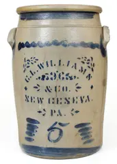 C. L. Williams, 5 Gal. C. L. WILLIAMS / NEW GENEVA, PA Stoneware Jar, circa 1890, Stoneware