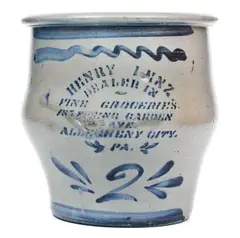 Henry Lenz, 2 Gal. HENRY LENZ / ALLEGHENY CITY, PA (Pittsburgh) Stenciled Groceries Advertising Jar, circa 1875, Stoneware