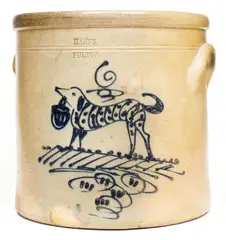 Harts, Rare HARTS / FULTON New York Stoneware Dog Crock, circa 1880, Stoneware