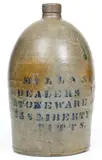 Rare Western PA DEALERS IN STONEWARE & C. / PITTSBURGH Stenciled Stoneware Advertising Jug by Pa Dealers In Stoneware & C, circa 1875, Stoneware, sold Apr 2021