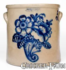 John Burger, Outstanding JOHN BURGER / ROCHESTER, NY Stoneware Crock w/ Slip-Trailed Cornucopia Decoration, circa 1860, Stoneware
