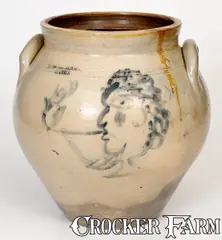 H. & G. Nash, Extremely Rare H. & G. NASH / UTICA Stoneware Jar w/ Man-Smoking-Pipe Decoration, circa 1832-1837, Stoneware