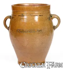 Rare COMMERAWS / STONEWARE Vertical-Handled Stoneware Jar, Thomas Commeraw, Manhattan by Commeraw's Stoneware, early 19th century, Stoneware, sold Dec 2020