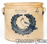 Fine 4 Gal. COWDEN & WILCOX / HARRISBURG, PA Stoneware Cake Crock w/ Large Bird-in-Wreath Decoration by Cowden & Wilcox, circa 1865, Stoneware, sold Dec 2020