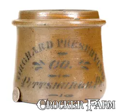 Orchard Preserving, Rare ORCHARD PRESERVING / CO. / PITTSBURGH, PA Stoneware Canning Jar, circa 1880, Stoneware