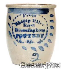 From Philip Eiler, FROM PHILIP EILER / EAST BIRGMINGHAM POTTERY (Pittsburgh, PA) Stoneware Cream Jar, circa 1863-1873, Stoneware