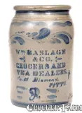 Wm. Haslage & Co., WM. HASLAGE & CO. / GROCERS AND TEA DEALERS Pittsburgh, PA Stoneware Advertising Jar, circa 1875, Stoneware
