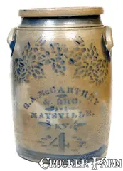 & Bro, 4 Gal. G. A. McCARTHEY & BRO. / MAYSVILLE, KY Stoneware Jar with Bold Stenciled Floral Decoration, circa 1875, Stoneware