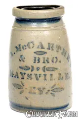 & Bro, G. A. McCARTHEY & BRO. / MAYSVILLE, KY Stoneware Canning Jar, circa 1875, Stoneware