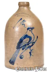 Scarce HUDSON POTTERY CO. / HUDSON, N.Y. Stoneware Bird Jug by Hudson Pottery Co., circa 1870, Stoneware, sold Dec 2020