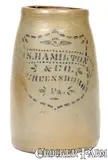 Jas. Hamilton & Co., JAS. HAMILTON & CO. / GREENSBORO, PA Stoneware Canning Jar w/ Shield Decoration
