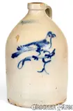 J. & E. NORTON / BENNINGTON, VT Stoneware Jug with Cobalt Bird Decoration by J. & E. Norton, circa 1855, Stoneware, sold Aug 2020
