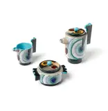 Nikolay Diulgheroff, Futurist Teapot, Milk Jug and Sugar Bowl, 1950s, airbrush-enamelled ceramic in polychrome.