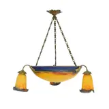 Verrerie d'Art Degué, Lampă de tavan Degué, cu trei lumini, monturi de bronz, cca. 1930, bronz aurit; sticlă colorată albastru și portocaliu