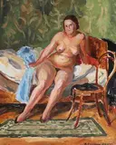 Anders Gudmundsen-Holmgreen, Interior with a naked woman on the bed, Oil on canvas