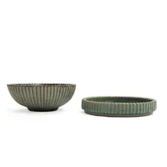 Arne Bang, A stoneware dish and bowl, decorated with greenish glaze