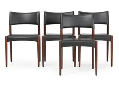 Villy Schou Andersen, Four chairs with rosewood frame, upholstered in seat and back with black leather