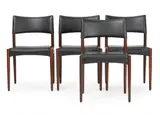 Villy Schou Andersen, Four chairs with rosewood frame, upholstered in seat and back with black leather