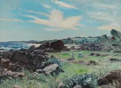 Erik William Johnsen, Scenery from Bornholm with grazing sheep amongst the rocks, 1927. Signed and dated EWJ, 27. Oil on canvas, 1927, Oil on canvas
