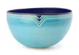 Vibeke Fischer, Large stoneware bowl decorated with light blue and blue glazes and with unglazed geometric line decoration