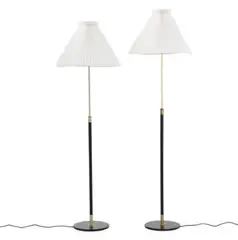 Aage Petersen, Two height adjustable black lacquered metal and brass floor lamps with white pleated paper shades