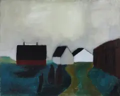 Anelise Søndergaard, Landscape with figures and houses, Oil on canvas