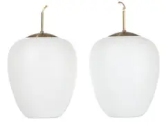 Danish design, A pair of frosted glass pendants with patinated brass mounting