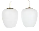 Danish design, A pair of frosted glass pendants with patinated brass mounting