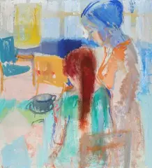 Interiør med en kvinde og en pige by Poul S. Nielsen, oil, sold Sep 2026