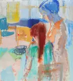 Poul S. Nielsen, Interiør med en kvinde og en pige, oil
