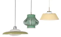 Danish design, Three pendants with yellow- and green lacquered metal shades, opal glass inner shades
