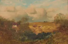 William Linnell, Busy With The Hay, Oil on canvas Old catalogue label verso