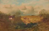 William Linnell, Busy With The Hay, Oil on canvas Old catalogue label verso