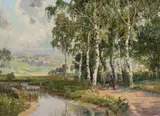Alois Arnegger, Man Pulling A Cart Along A Riverside Path, Oil on canvas