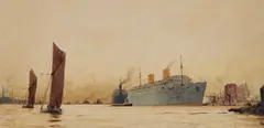 Herbert C. Ahier, Ocean Liners And Shipping On An Estuary, 1947, Watercolour on card Unframed