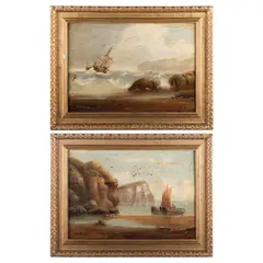 Edward King Redmore, Pair Of Coastal Scenes With Ships And Figures, Oil on canvas