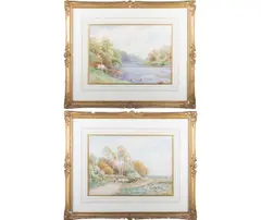 John Bates Noel, A Pair Of Countryside Views, 'On The Nidd' And 'A Country Lane Worcestershire', Watercolour