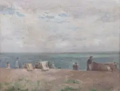 Harold Hope Read, Beach Scene, Oil on canvas laid to board