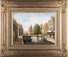 L Clayton, Continental Canal Scene, Oil on board