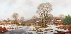 Vincent Selby, Winter Village Landscape, Oil on board