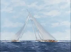 Ron Charles Mitchell, Rainbow And Endeavor, Americas Cup 1934, Oil on canvas board