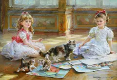 Konstantin Razumov, Interior Scene With Children, Cat And Kittens, Oil on canvas