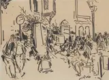 Khaled Al-jadir, Figures In A Town Square, pen and ink on card