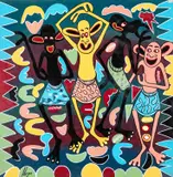 George Lilanga, Dancing Figures: No 3 Yellow Central, acrylic on canvasboard